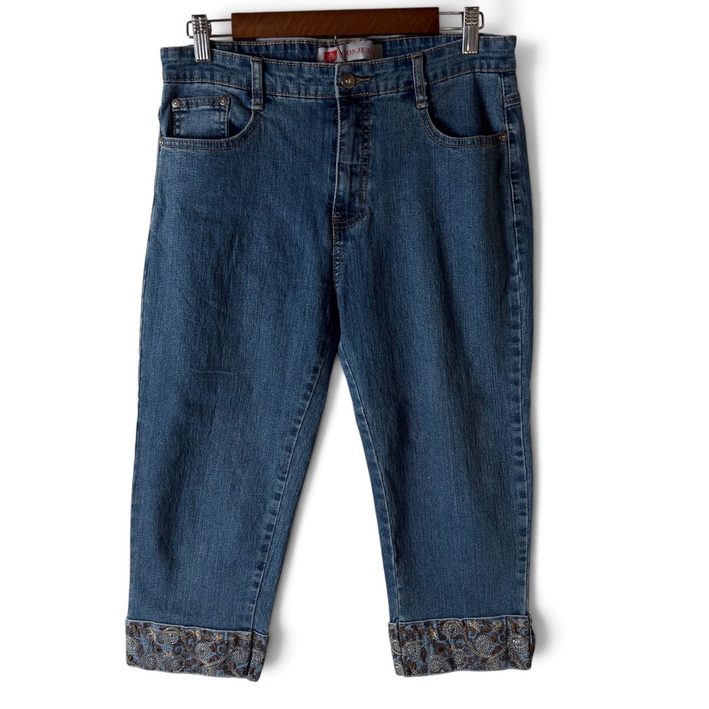 COS Jeans Denim Capris Blue Women Size 10 Embroidered Beaded Cuffed Cropped Pant